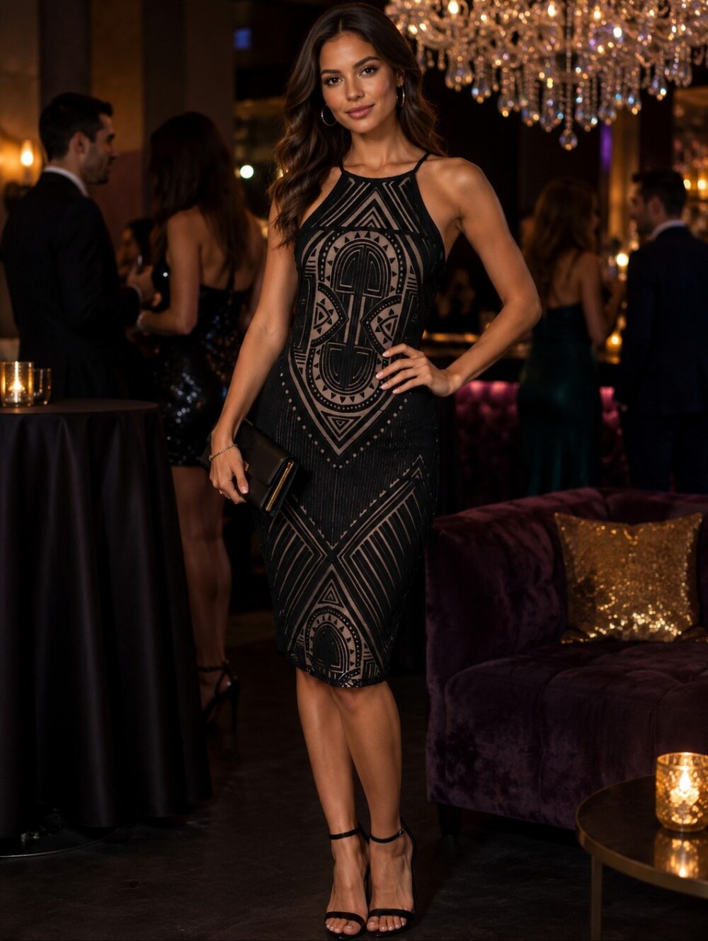 BOLD elements Black Geometric Mesh Halter Mini Dress Size M